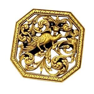 Vtg Rare Williamsburg Brass Peacock & Hidden Dog Head Brooch